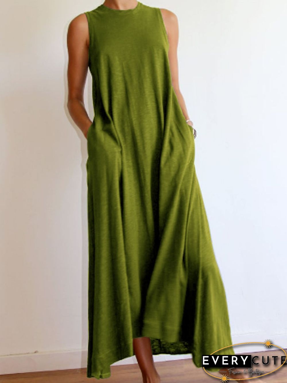 Cotton-Blend Solid Sleeveless Crew Neck Casualdress