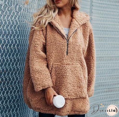 Autumn And Winter Hooded Plush Thick Loose Sweater Coat