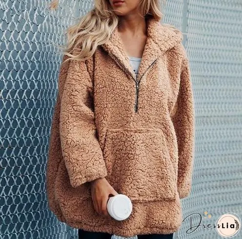 Autumn And Winter Hooded Plush Thick Loose Sweater Coat