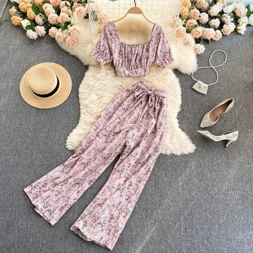 FTLZZ Summer Women Holiday Style Chiffon Printing Two Piece Set Short Shirt High Waist Wide Leg Pants Ladies Idyllic Style Sets