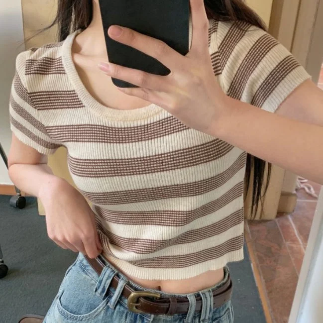 Round Neck Striped Knitted T-Shirt Short-Sleeved Top