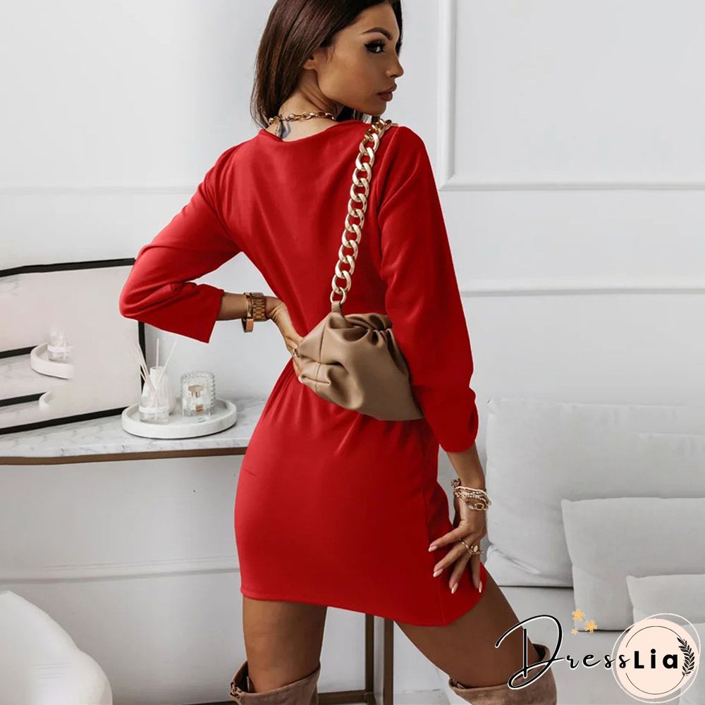 Autumn Women's Dress Elegant Pleated Long Sleeve Sexy Deep V-neck Slim Mini Dresses Office Ladies Casual Black Party Dress