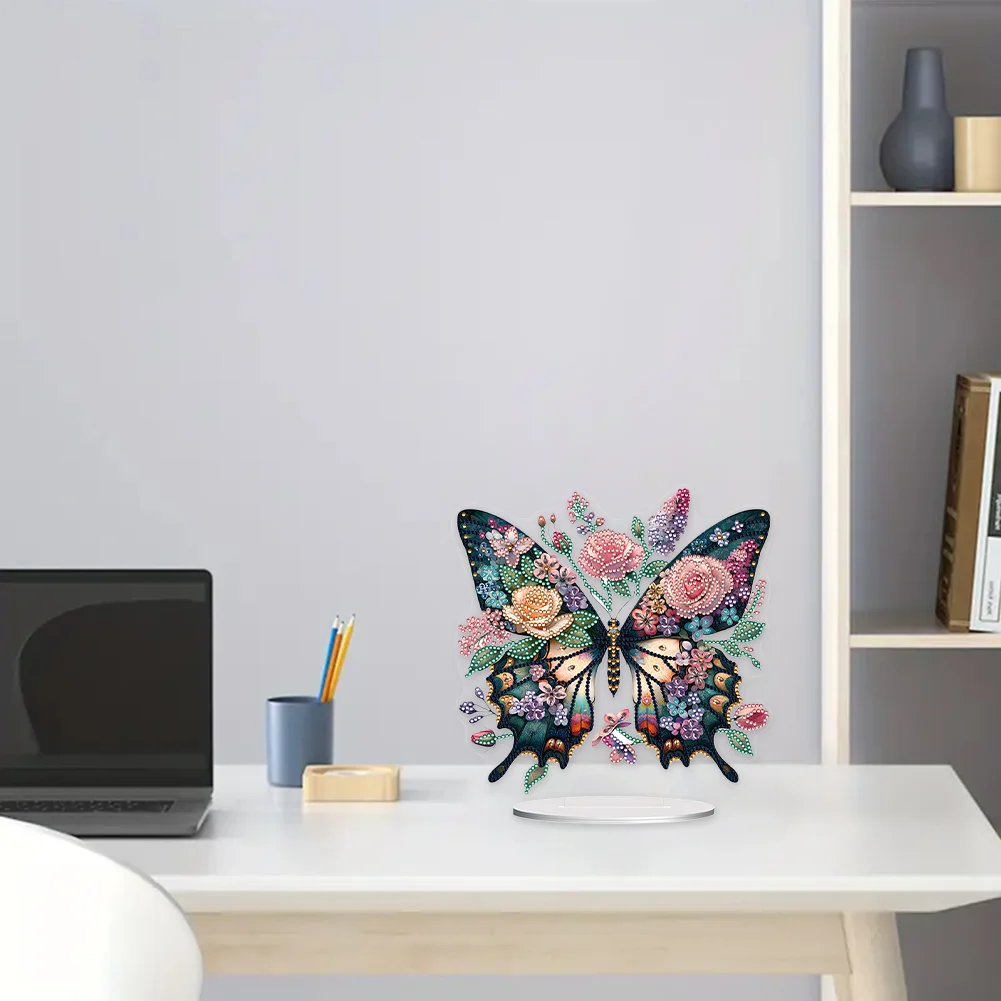 5D DIY Flower Butterfly Acrylic Single-Sided Diamond Painting Tabletop Ornament Kit for Office Desktop Decor