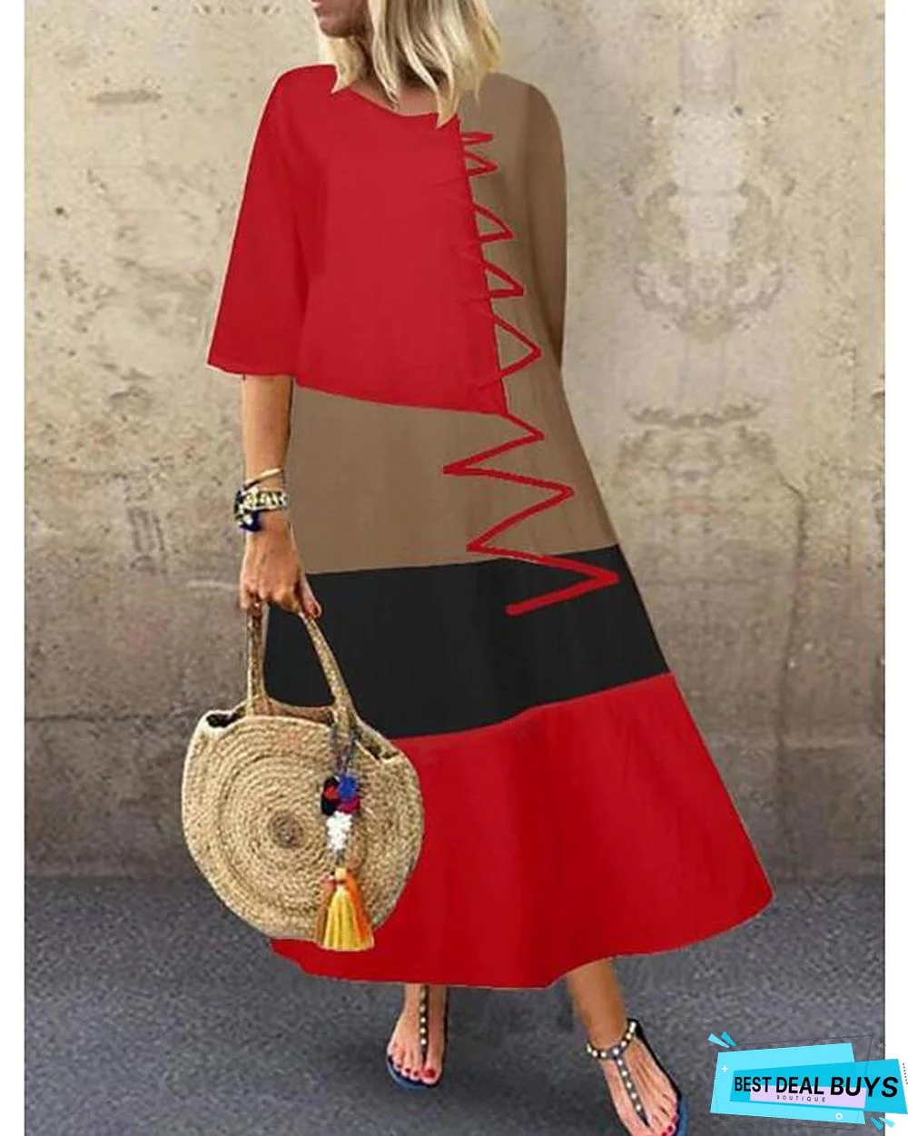 Women's Swing Dress Maxi Long Dress Half Sleeve Color Block Patchwork Summer Hot Casual Cotton White Red Khaki Gray White Dresses