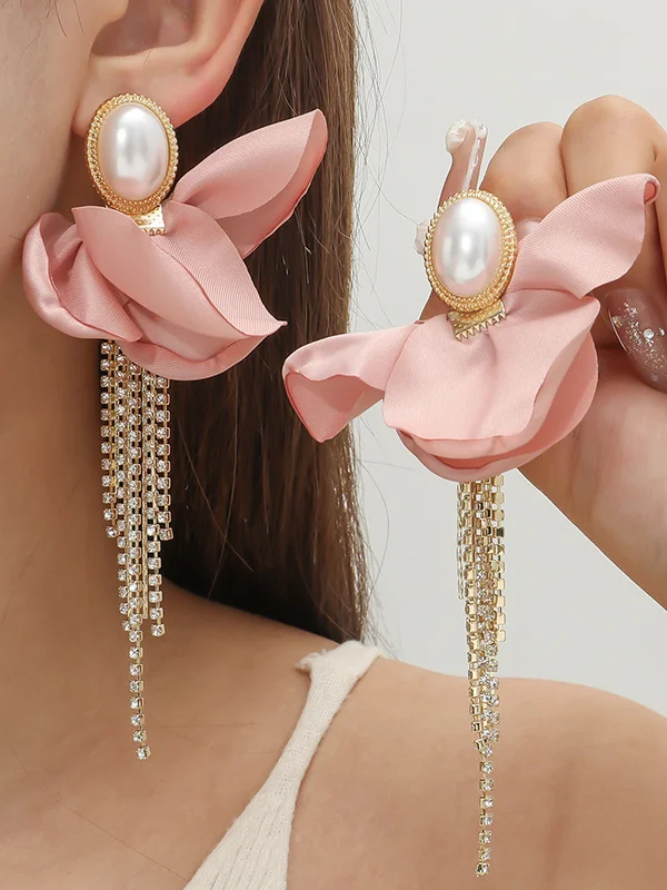 Flower Shape Rhinestone Tasseled Earrings Accessories