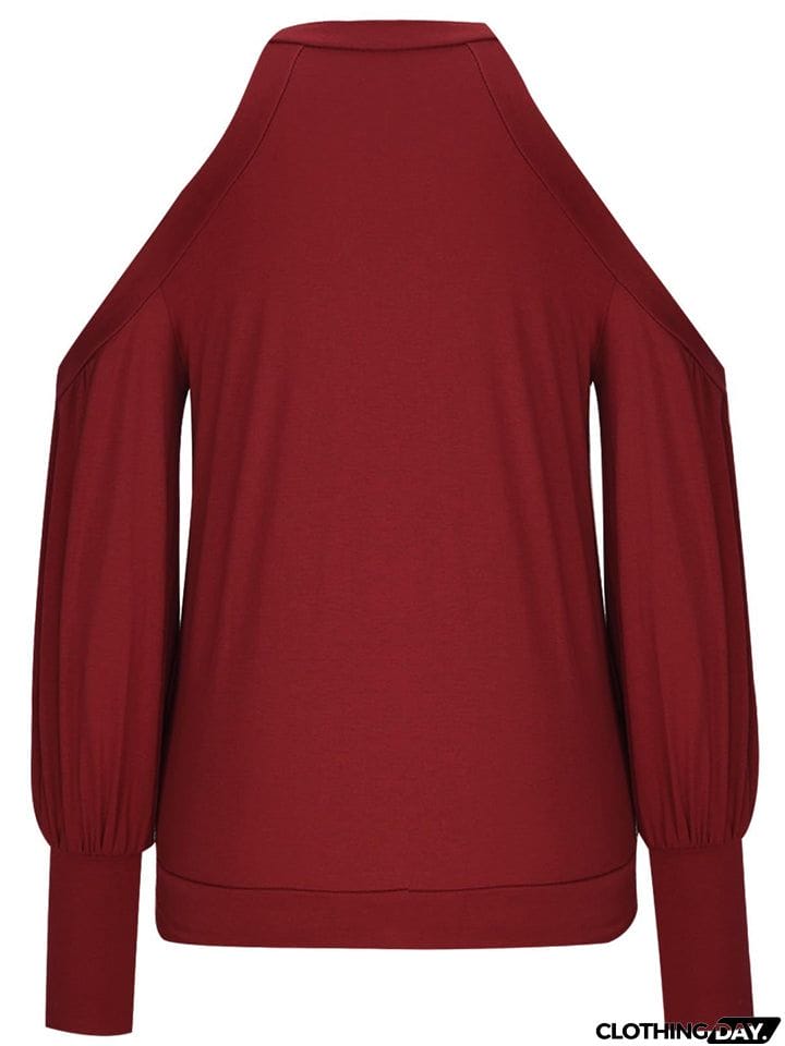 V-neck Cold Shoulder Lantern Sleeve T-shirt for Ladies