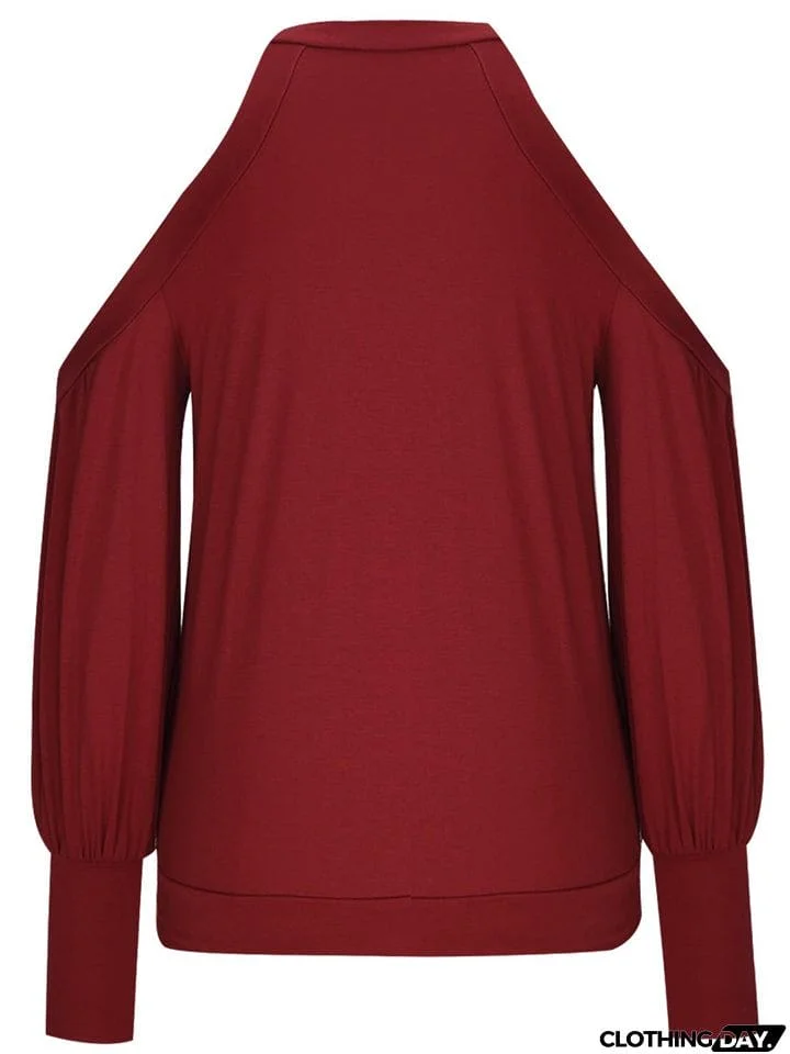V-neck Cold Shoulder Lantern Sleeve T-shirt for Ladies