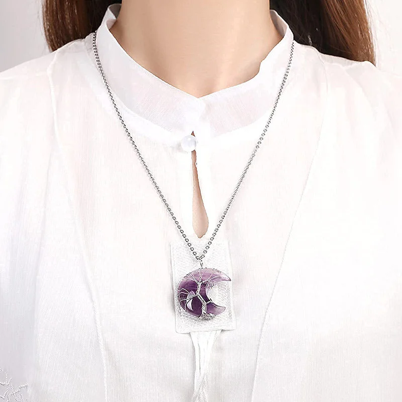 Natural Quartz Crystal Moon Tree Of Life Healing Energy Necklace Pendant
