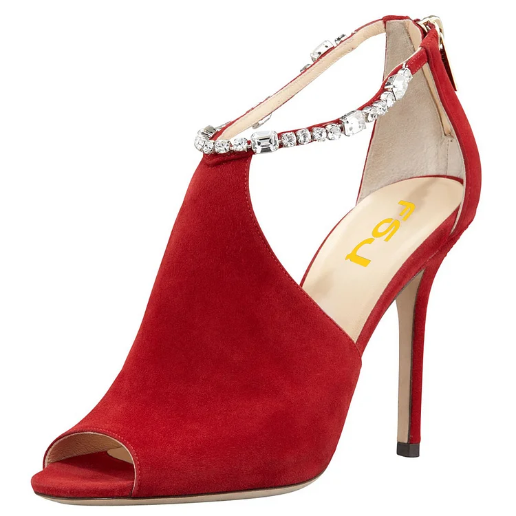 Red Peep Toe Heels Rhinestone Ankle Strap Vegan Suede Platform Sandals |FSJ Shoes