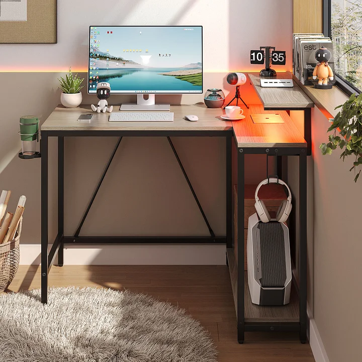 Pinmoco 42 inch L-Shaped Gaming Desk with LED Light Monitor Stand Headphone Hook & Storage Shelves Reversible Office Desk, Gray Carbon Fiber - Thumbnail 3