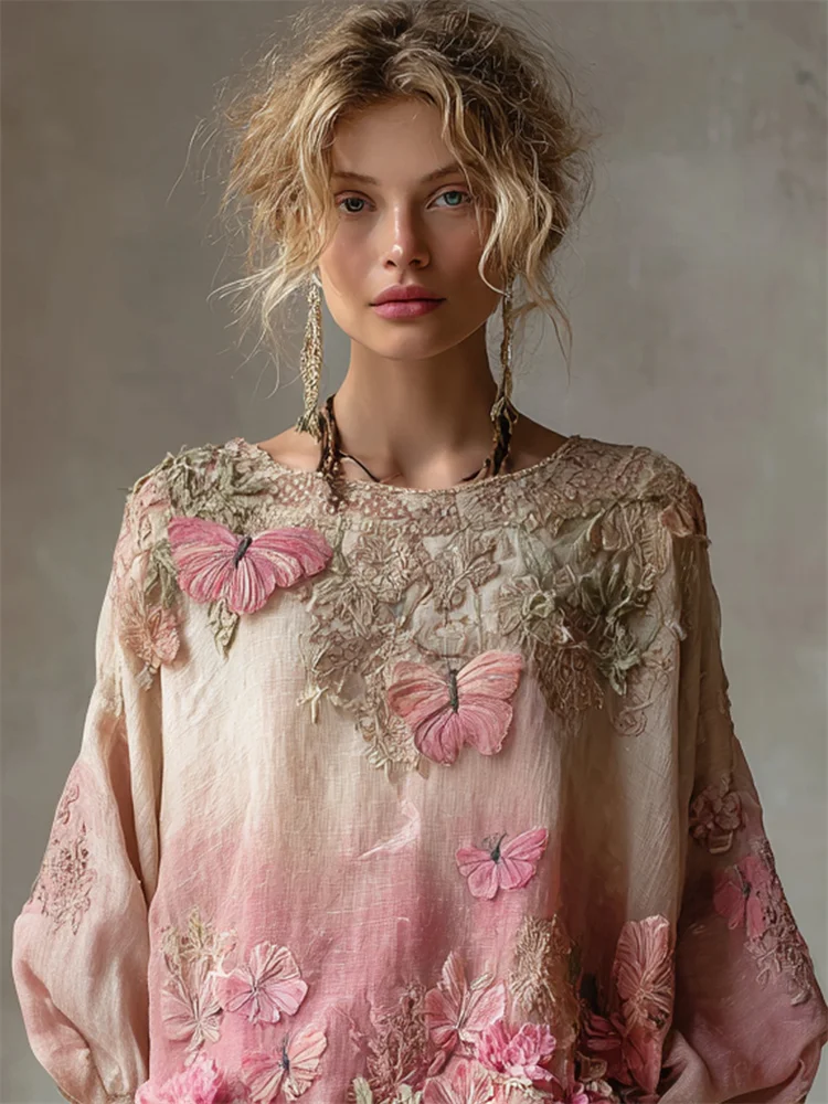 Pink Butterflies Boho Embroidered Gradient Flowy Linen Tunic