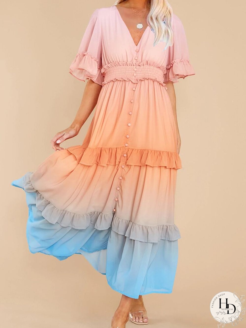 Ladies Fashion Gradient Rainbow Color Dress