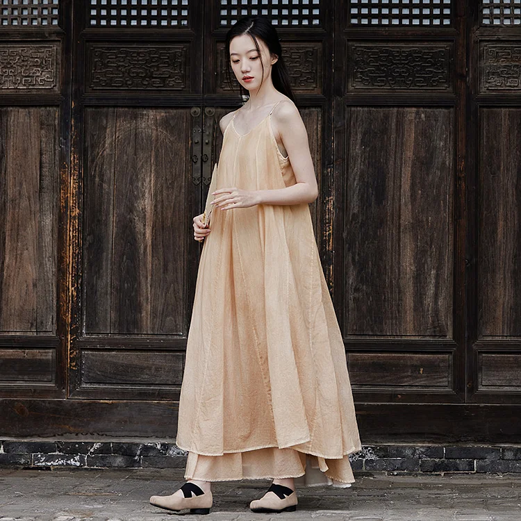 Literary Double-layer Suspender Maxi Dress - yankia