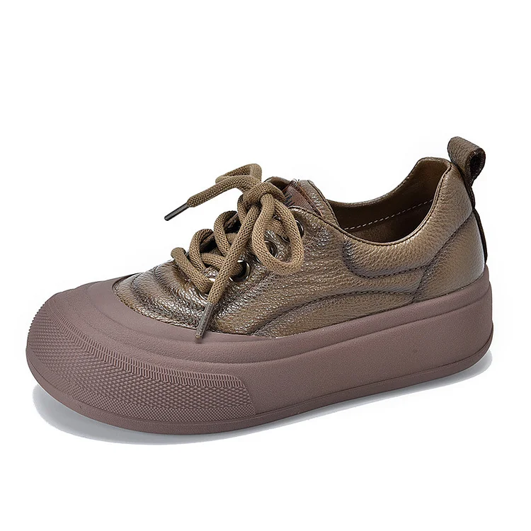 Casual Lace Up Leather Mid-heel Shoes - yankia