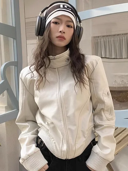 Vintage PU Leather Short Jackets Women Harajuku Kpop Zipper Motorcycle Coats Techwear Loose Crop Outwear Y2K Streetwear