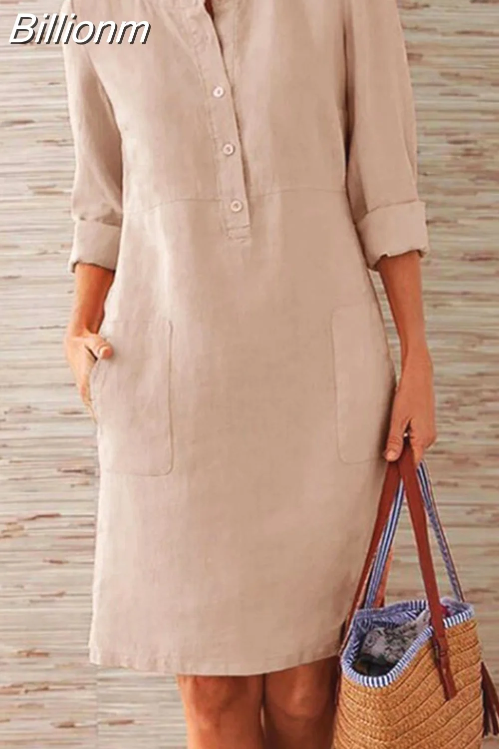 Billionm Color Button O Neck Cotton Linen Summer Dress Women Vintage Short Sleeve Pocket Knee Dress Casual Loose Plus Size Dresses
