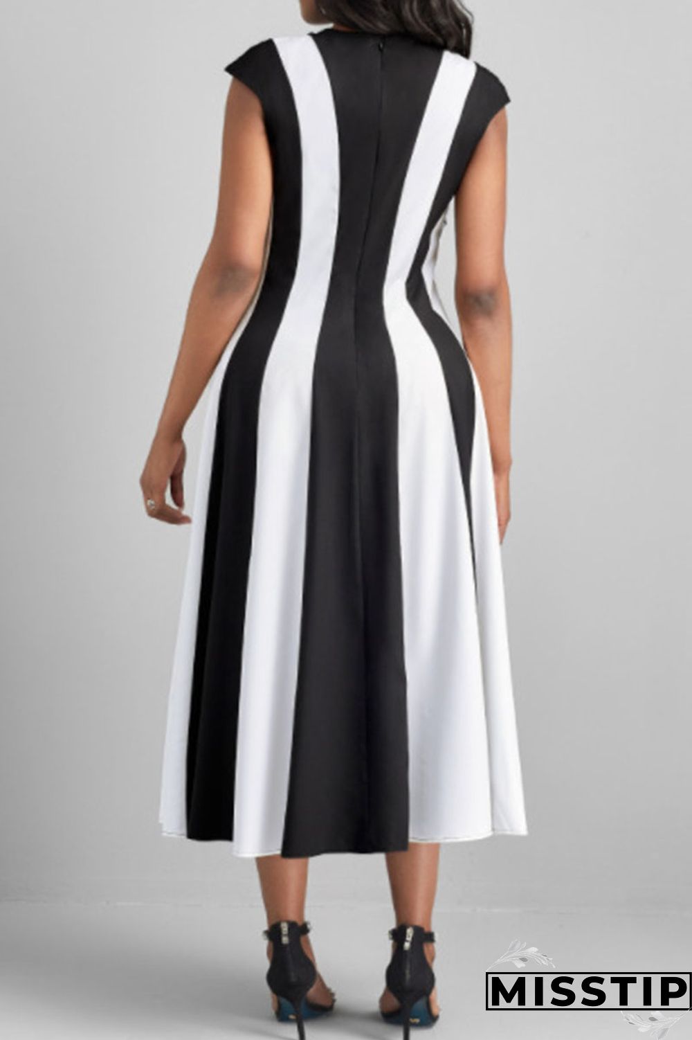 Black Casual Striped Print Patchwork O Neck A Line Dresses