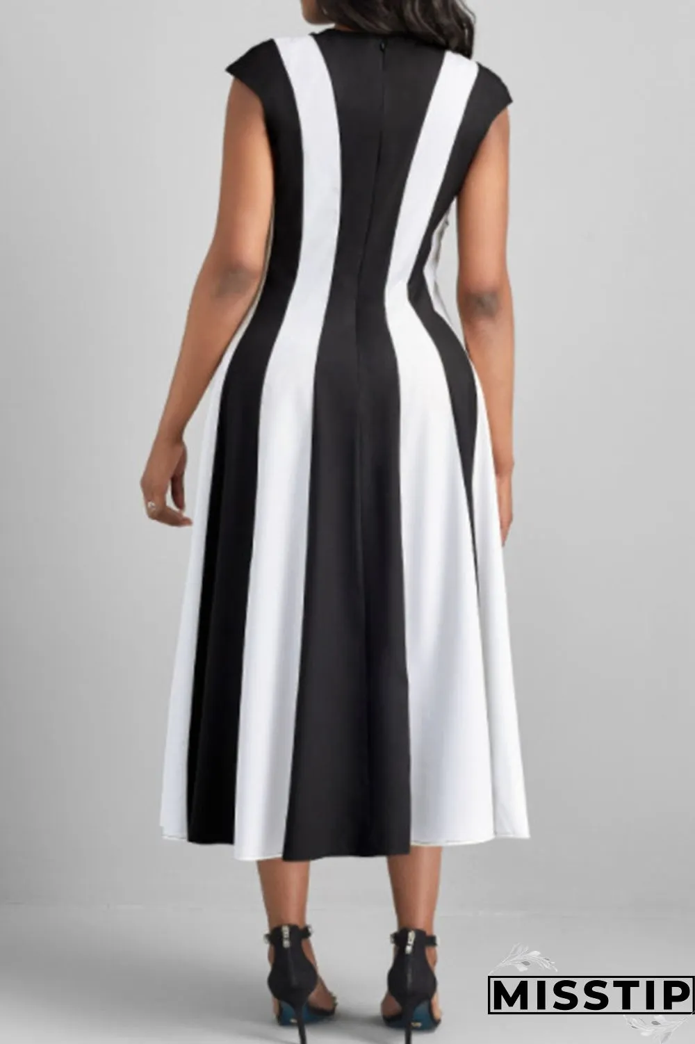 Black Casual Striped Print Patchwork O Neck A Line Dresses