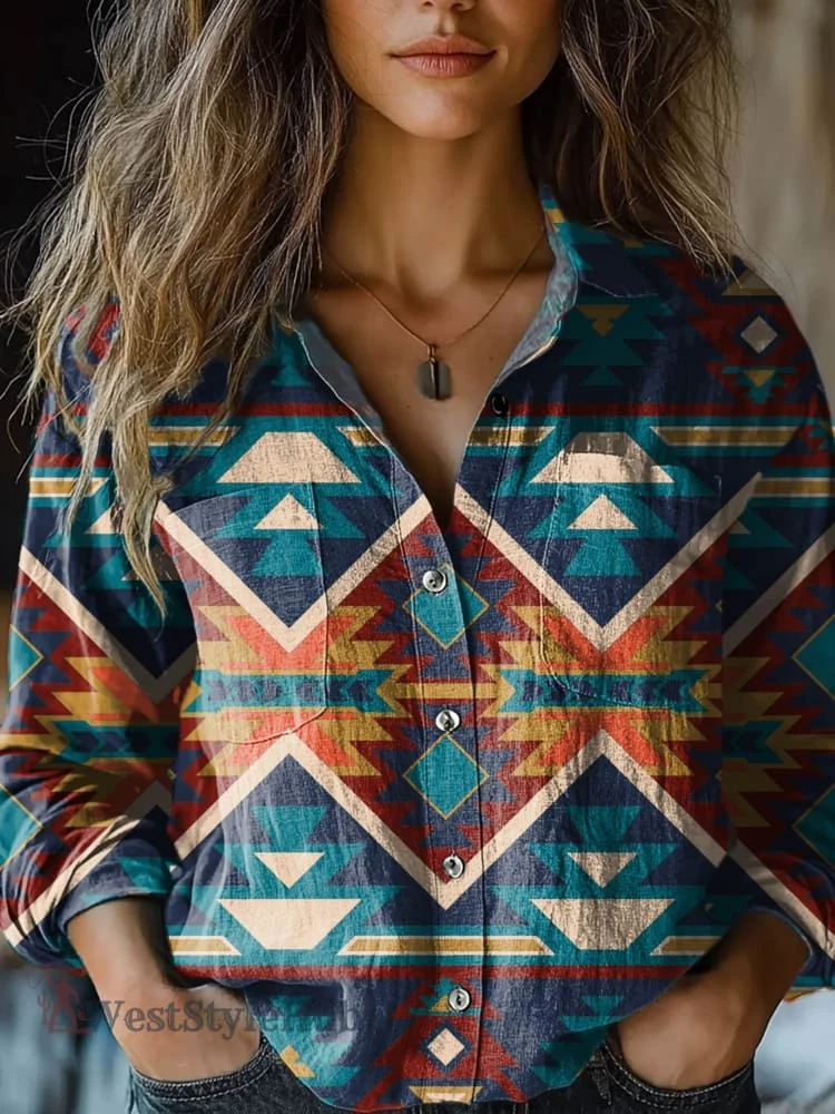 Women's Retro Contrast Aztec Art Print Casual Long Sleeve Comfortable Cotton Shirt