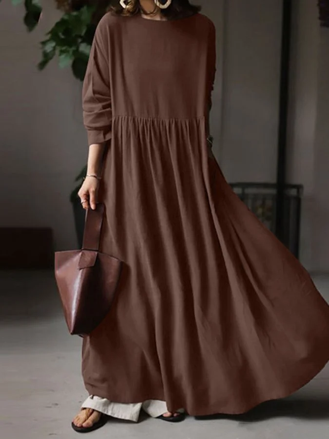Women's Round Neck Long Sleeve Cotton Linen Dress-mysite