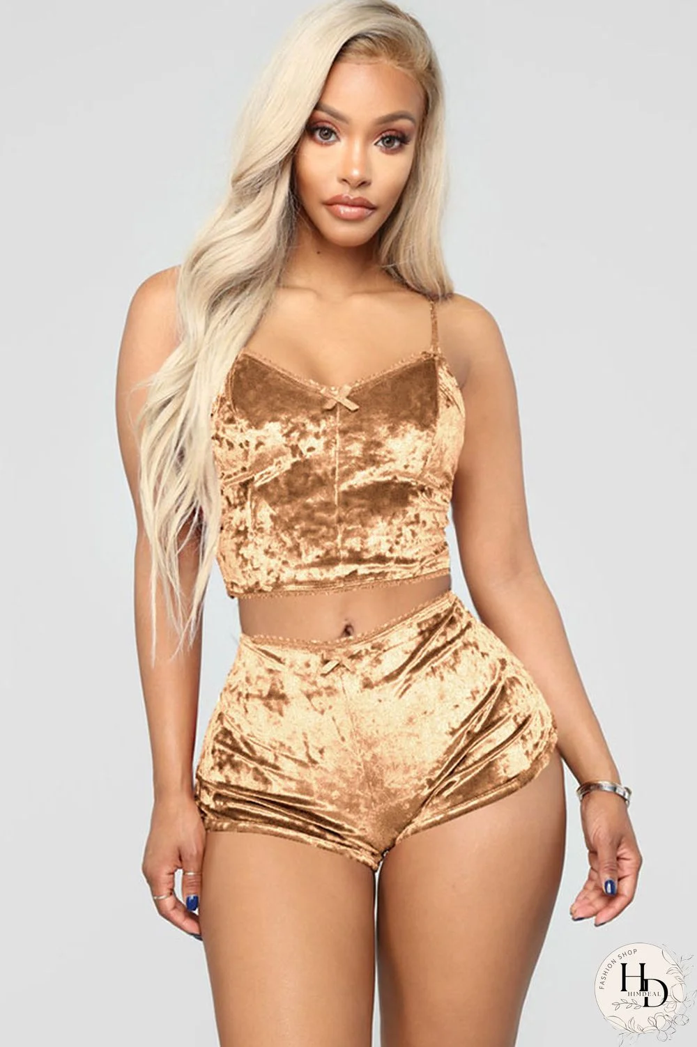 Gold Polyester Sexy Solid Two Piece Suits Straight Sleeveless