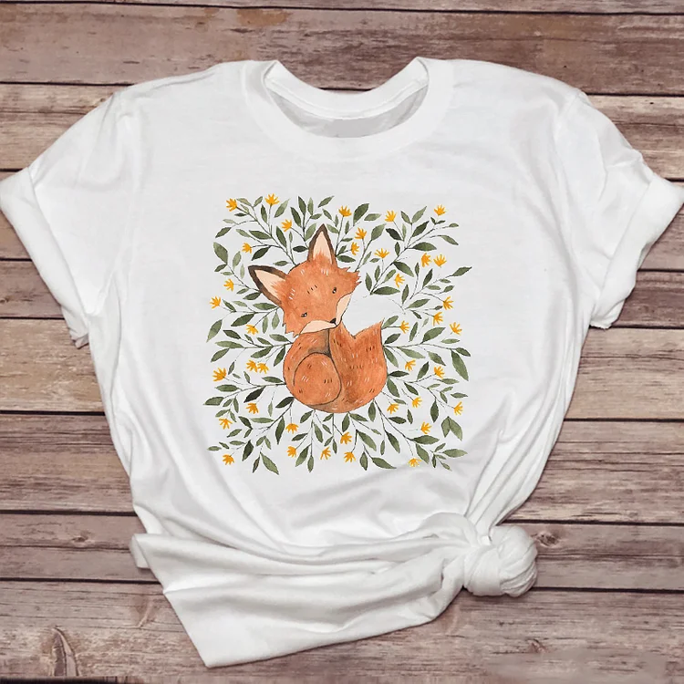 Women T-shirts Watercolor Fashion Short Sleeve 90s Fox Animal Ladies Print Graphic T Top Lady Shirt Female Tee T-Shirt