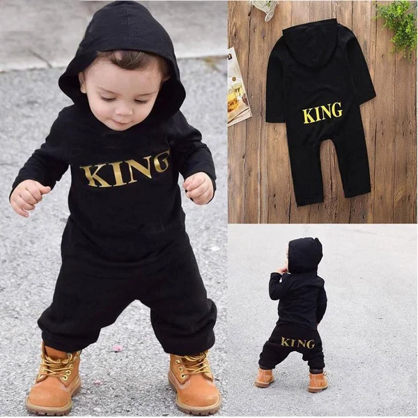 Newborn Kid Baby Boy King Infant Romper Jumpsuit Bodysuit Hooded Clothes Letter Printed Outfit