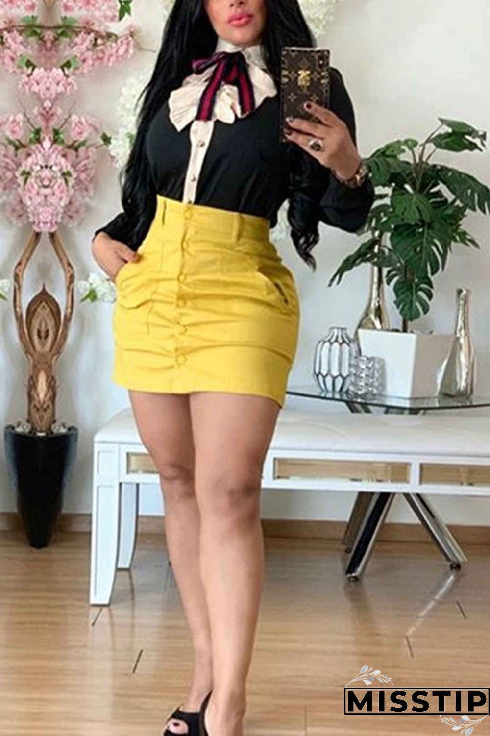 Black Turndown Collar Long Sleeve Solid bow-knot Patchwork Slim fit Blouses & Shirts