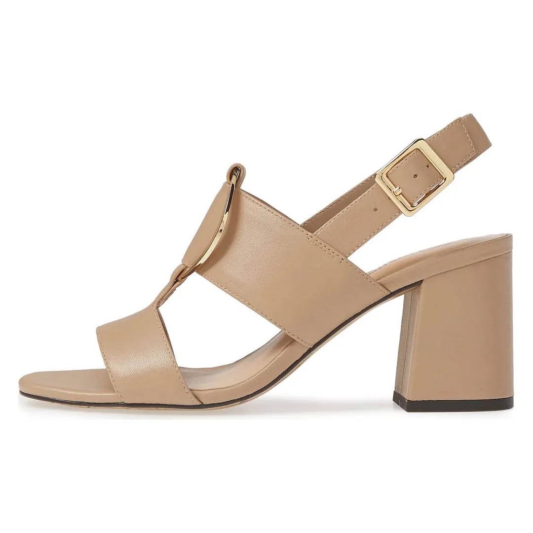 Nude Open Toe Block Heel Slingback Shoes Buckle Summer Sandals
