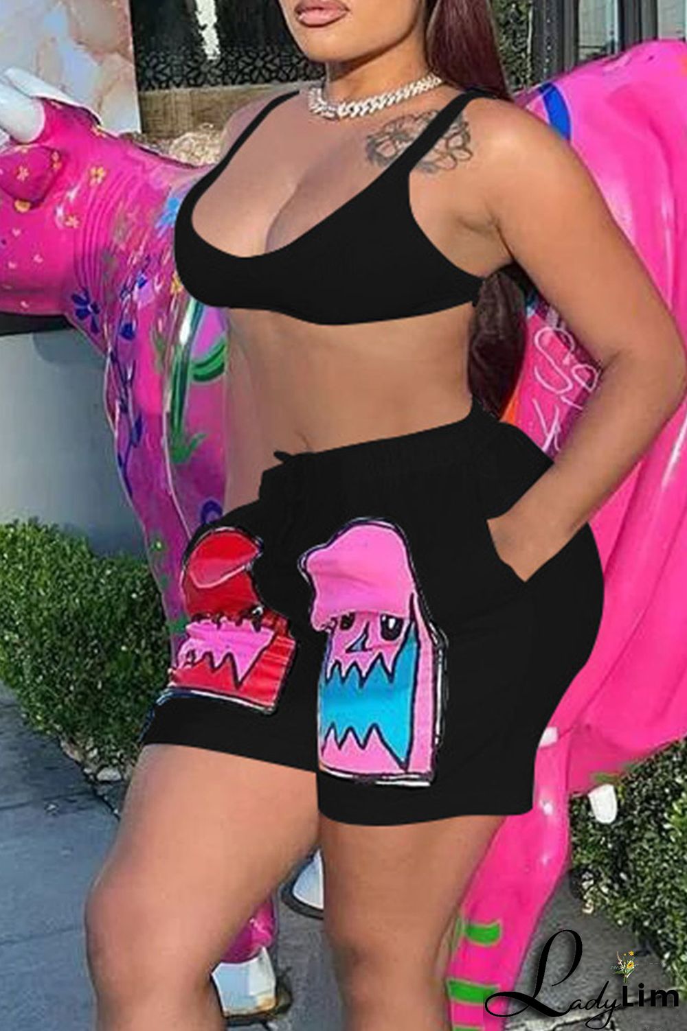 Pink Casual Print Patchwork Spaghetti Strap Sleeveless Two Pieces