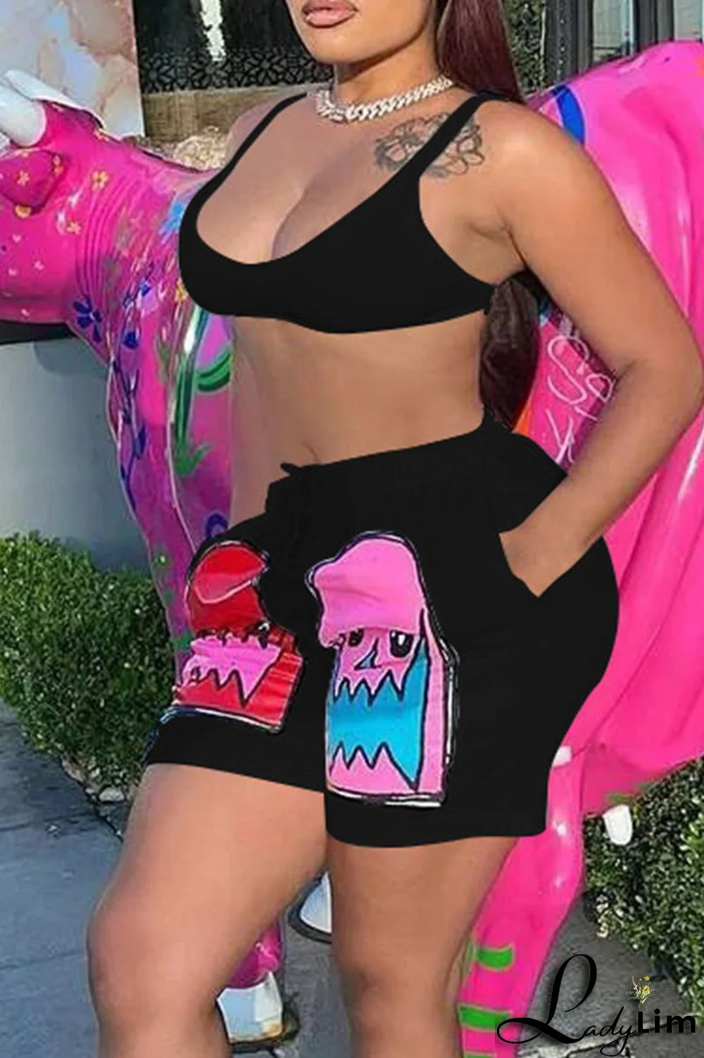 Pink Casual Print Patchwork Spaghetti Strap Sleeveless Two Pieces