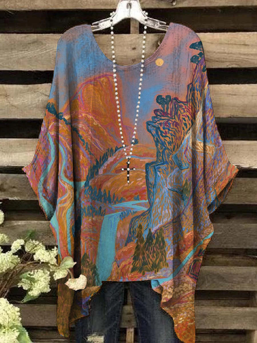 Women's Round Neck Vintage Abstract Pattern Short Sleeve Top