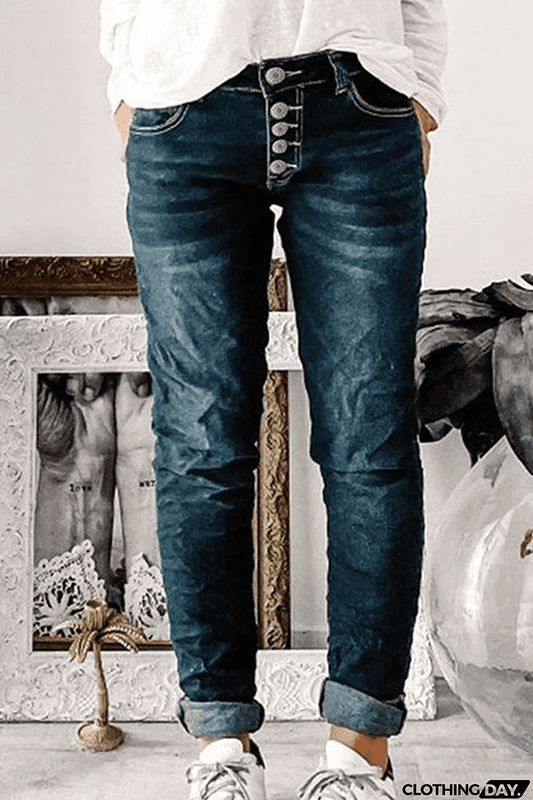 Street Solid Patchwork Mid Waist Regular Denim Jeans