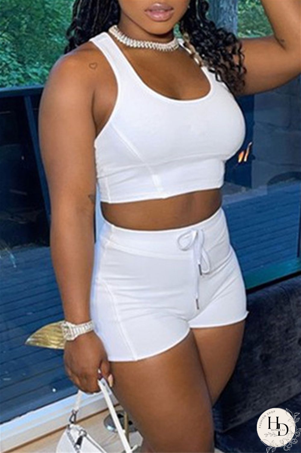 White Casual Sportswear Solid Vests U Neck Sleeveless Two Pieces