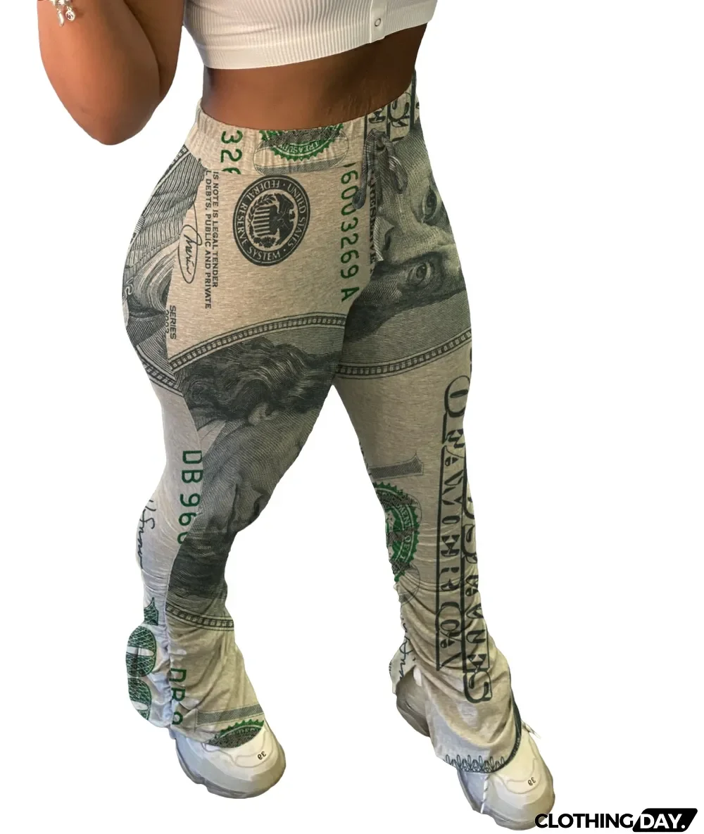 Africa Dollar Print High Waist Side Slit Stack Pants