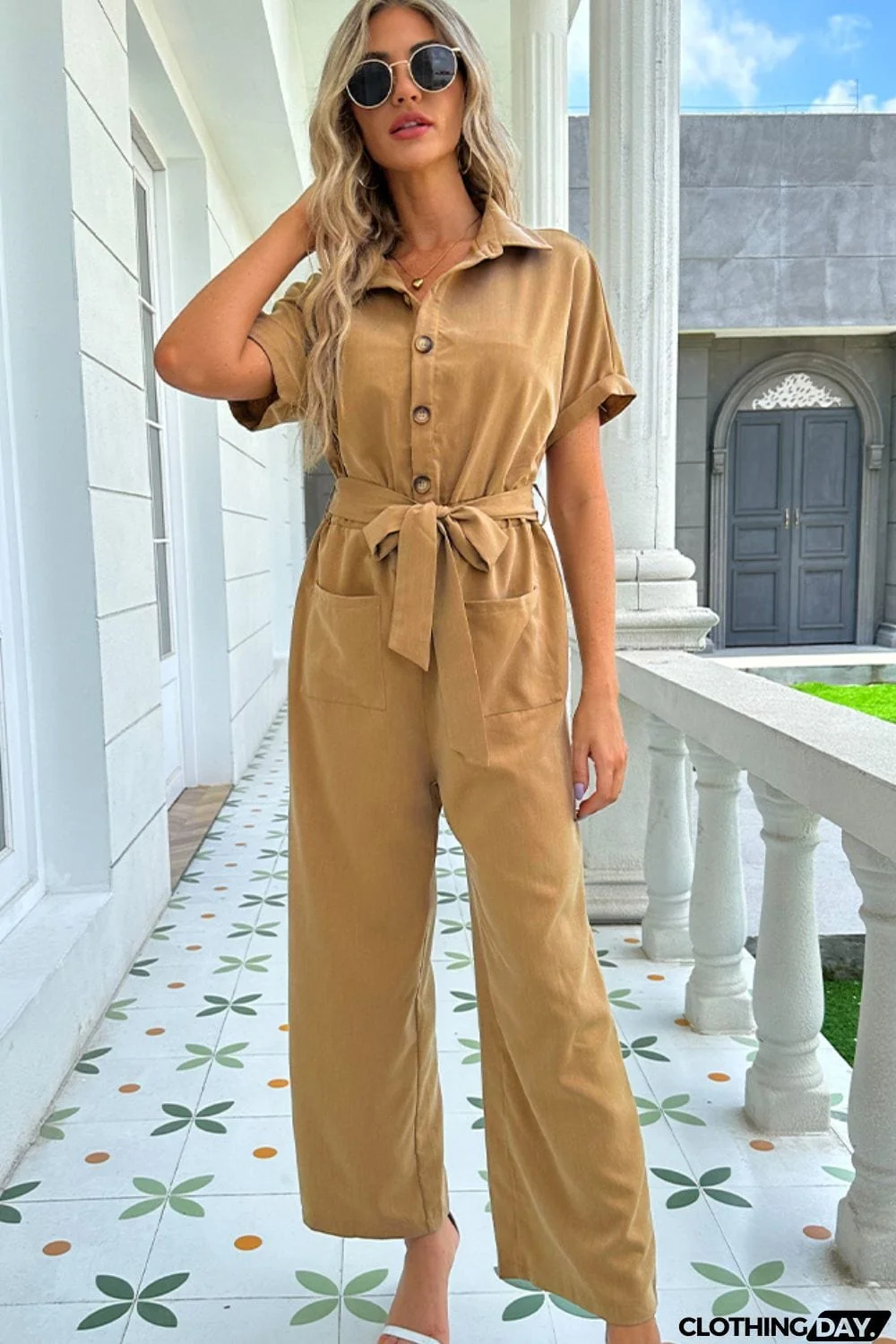 Tie Belt Buttoned Short Sleeve Collared Neck Jumpsuit