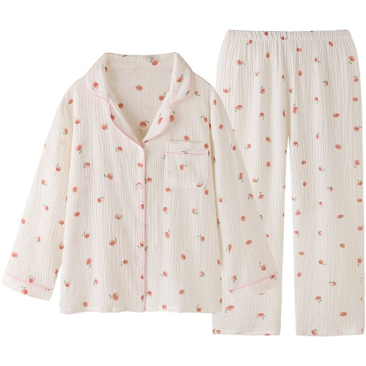 Sweet Peach Print Home Pajamas Set - Modakawa Modakawa