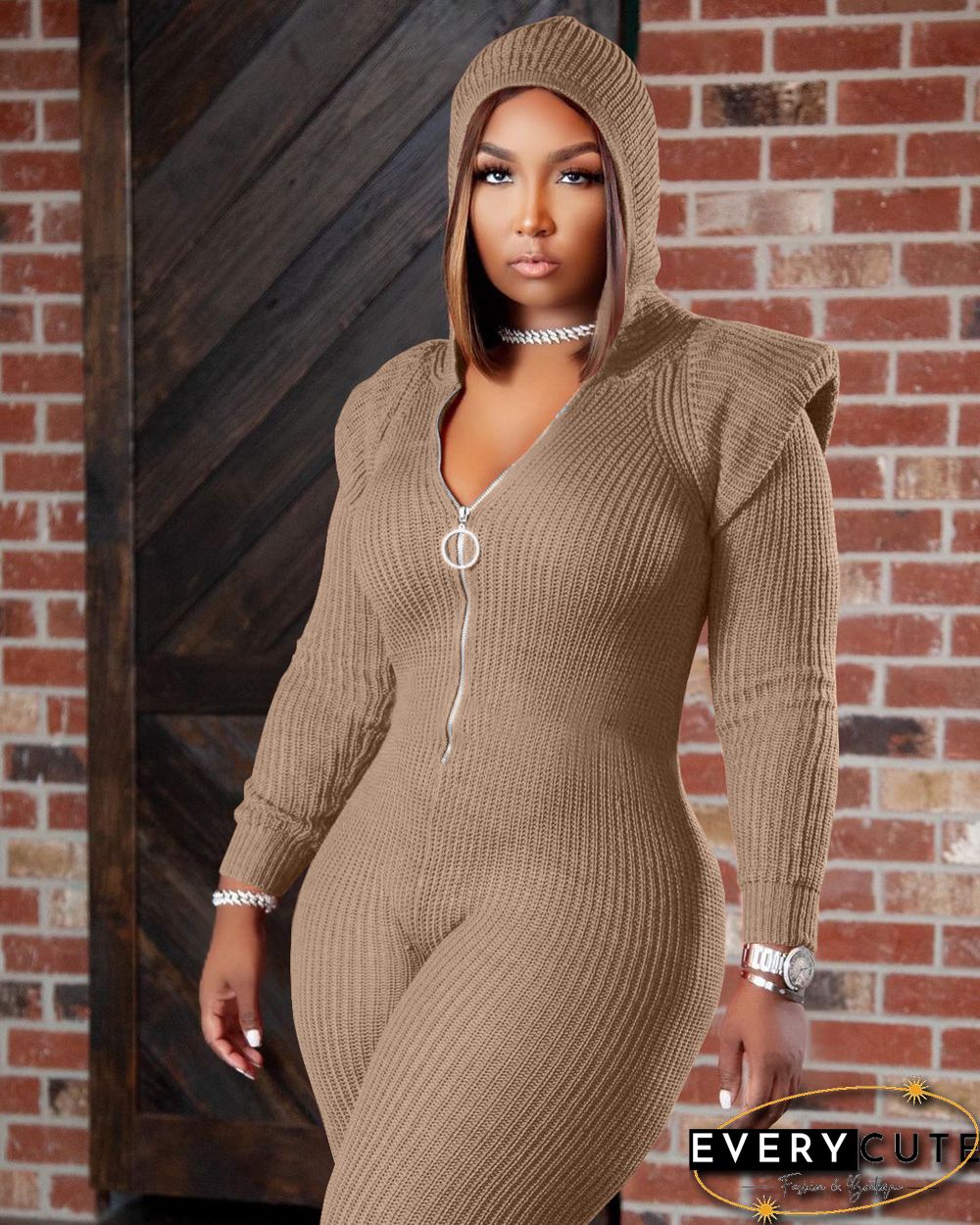 Knitted Long Sleeve Shoulder Padded Hooded Jumpsuit