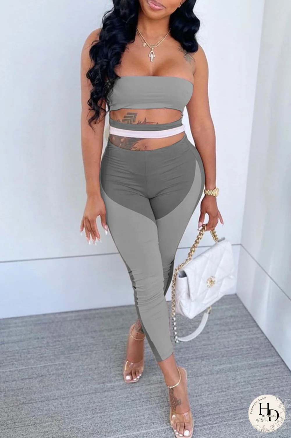 Grey Fashion Sexy Patchwork Bandage Hollowed Out Backless Strapless Skinny Jumpsuits