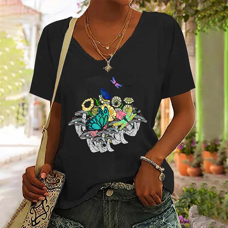 Mushroom Flowers Butterfly Print V-Neck T-Shirt