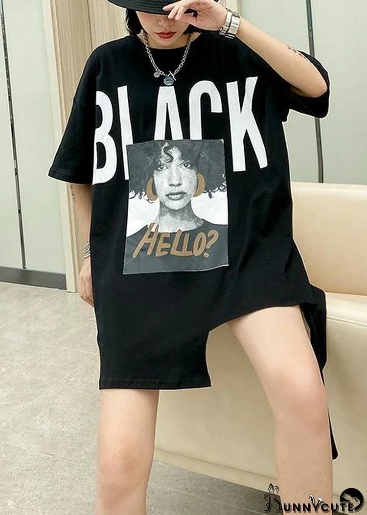 Style black Letter cotton tunic top o neck Dresses shirt