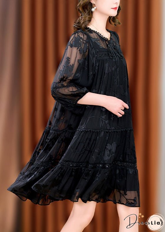 Unique Black Wrinkled Jacquard Patchwork Tulle Mid Dresses Fall