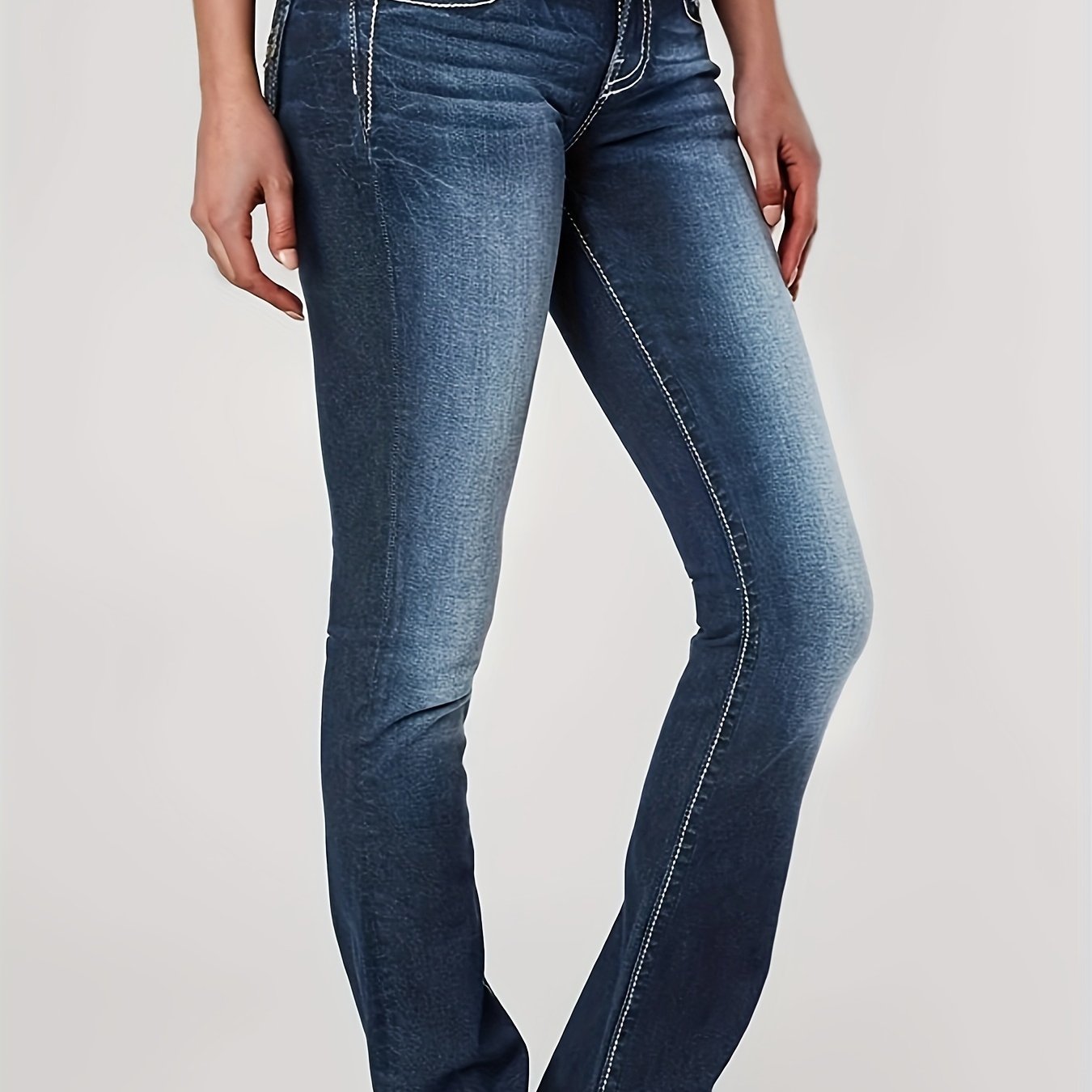 Embroidered Decor Casual Flare Jeans, High Stretch Slant Pockets Washed Bell Bottom Jeans, Women's Denim Jeans & Clothing