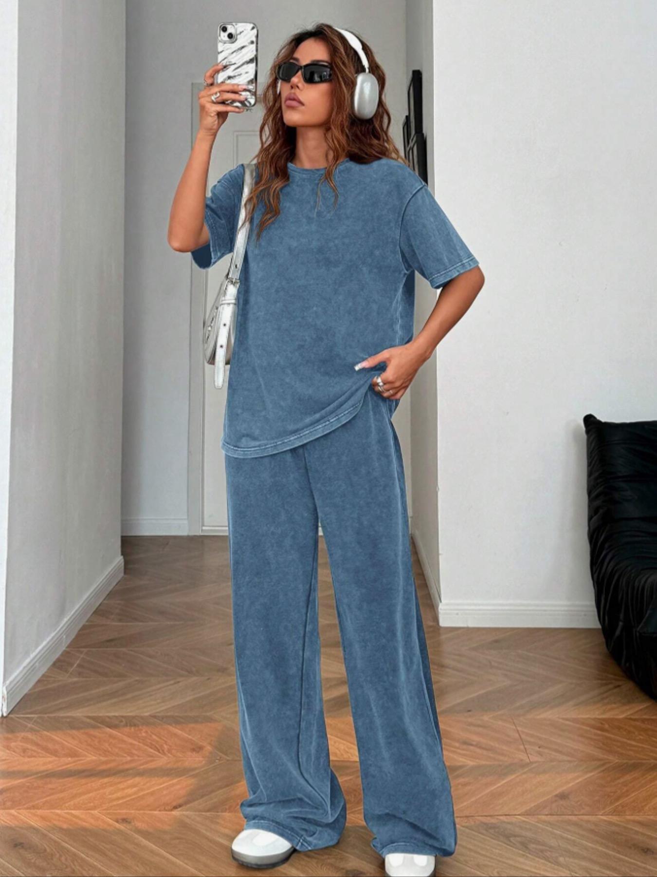 Women's Casual Loose Fit Acid Washed Cotton Short Sleeve T-Shirt and Long Pants Two-Piece Set, All Seasons, Plain Style