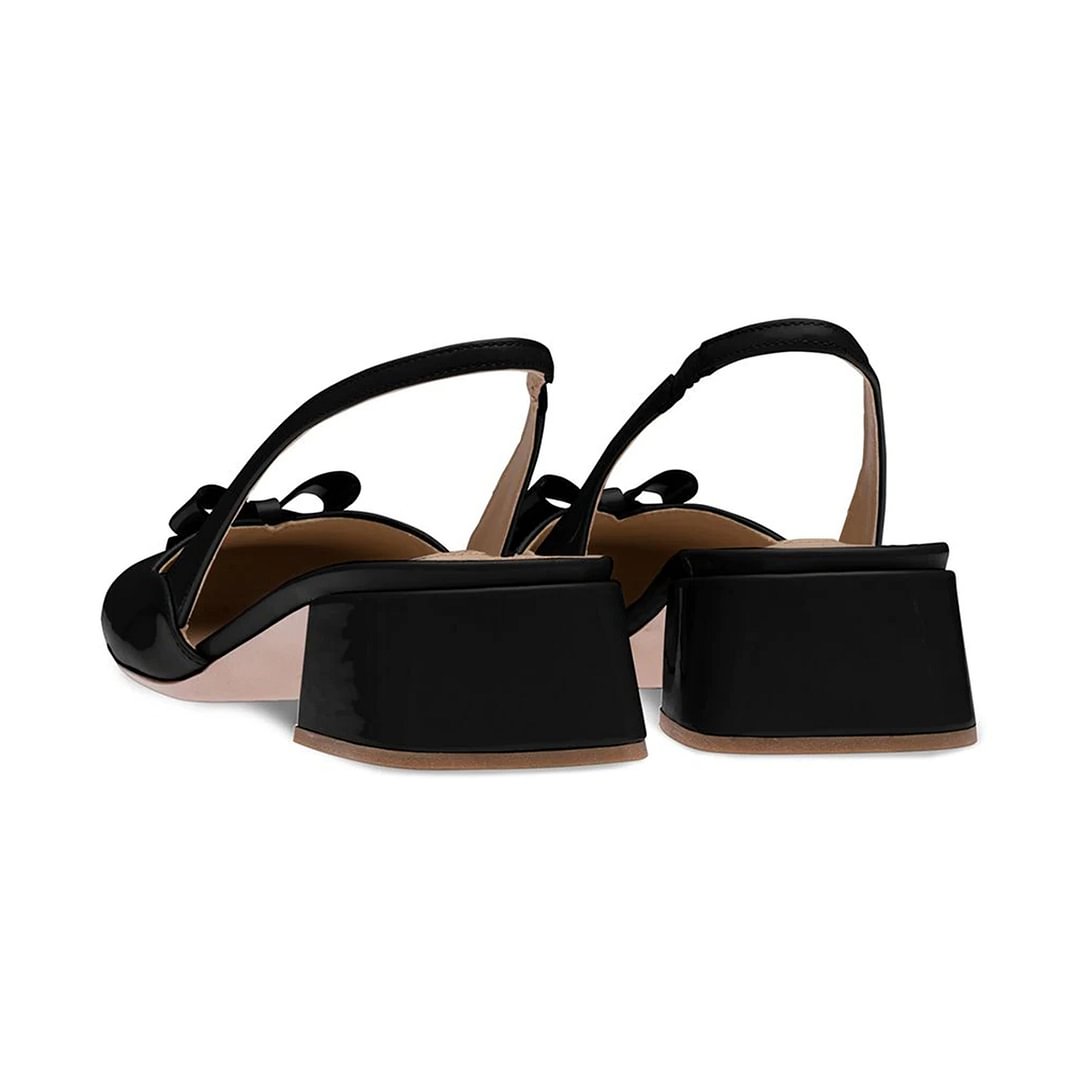 Black Patent Leather Square Toe Slip on Slingback Low Heel Pumps