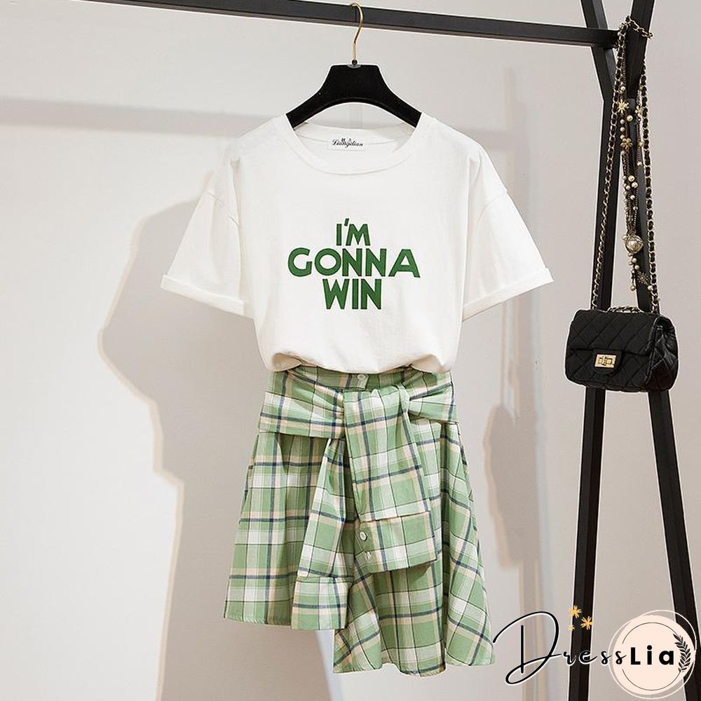 Basic Letter Tee+Plaid Skirt P10123