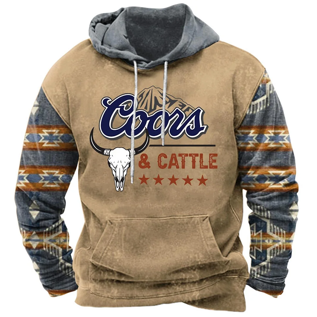 Men's Hoodie Vintage Western Ethnic Aztec Cow Skull Pocket Long Sleeve Daily Tops