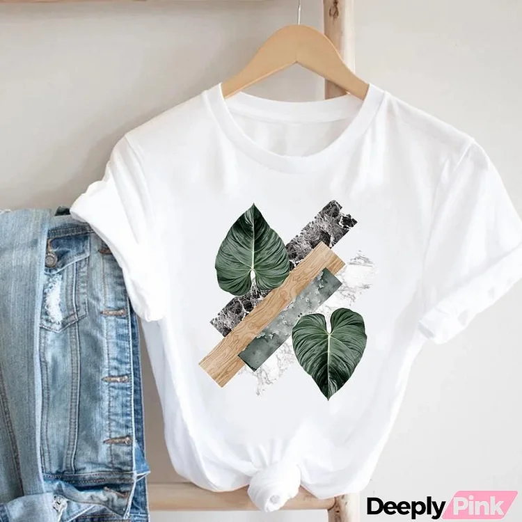 Women Fashion Casual Geometric Rhombus Leaf Scenery Printing Round Neck Short Sleeve T-Shirt