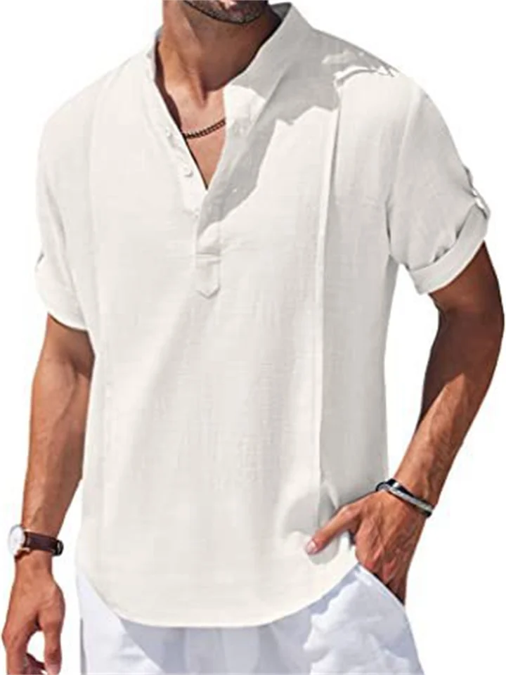 Linen Shirt Casual Beach Shirt Short Sleeve T-shirt Solid Color Stand-up Collar Top S M L XL 2XL 3XL 4XL 5XL-Mixcun