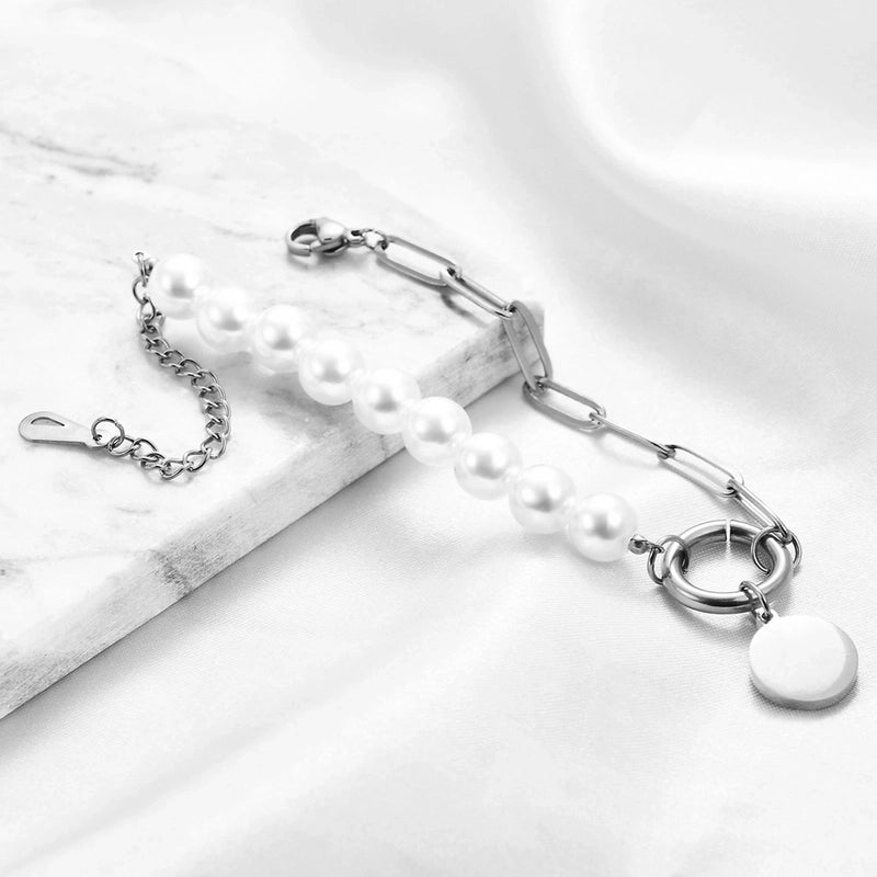Retro Round Imitation Pearl Titanium Steel Bracelets 1 Piece